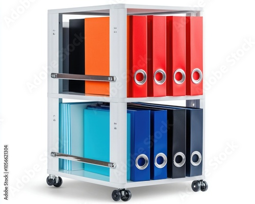 A modern, multi-colored filing cabinet with visible binders neatly organized on two shelves, suitable for office or home use.