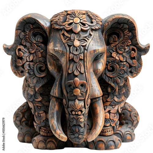 An intricately carved wooden elephant statue, Isolated on White Background photo