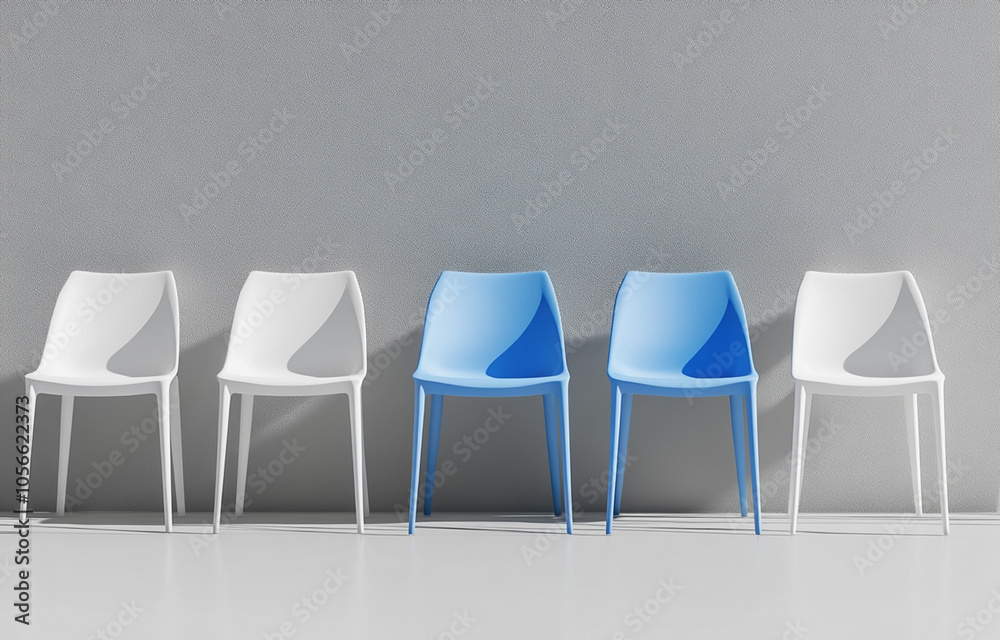 Obraz premium A blue chair stands out from the row of white chairs against a gray background