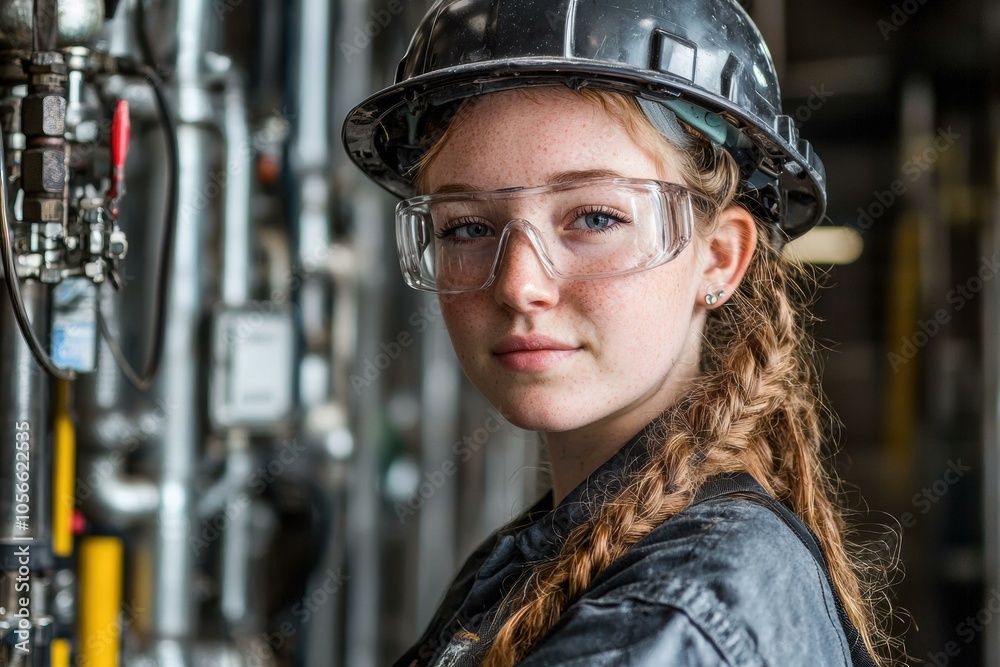 A woman in a yellow hard hat and safety glasses looks at the camera. AI. A woman in a yellow hard hat and safety glasses looks at the camera. AI.