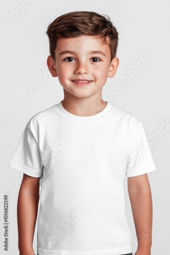 Smiling boy wearing a plain white t-shirt on an isolated background.