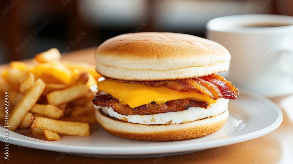 Delicious Bacon Cheeseburger with Fries and Coffee Delicious Bacon Cheeseburger with Fries and Coffee