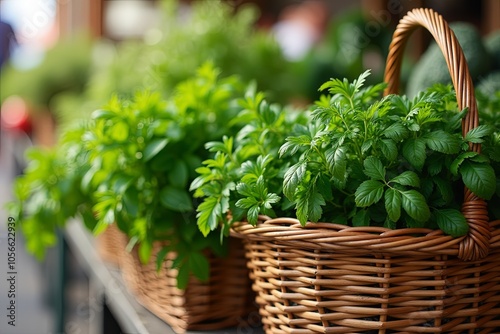 Lush green herbs, including basil and parsley, displayed in wicker baskets at an outdoor market. Perfect for farm-to-table, organic food, and gardening themes...