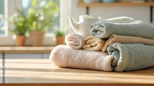 Folded towels stacked neatly on a wooden table with a teapot in the background. A bright, cozy kitchen scene with natural light and plants, ideal for home decor or lifestyle themes...