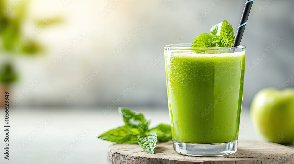 Fresh green smoothie in a glass, garnished with mint leaves, on wooden surface. Fresh green smoothie in a glass, garnished with mint leaves, on wooden surface.