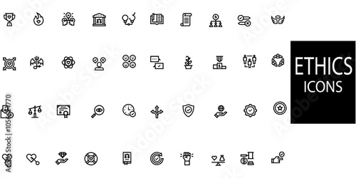 Set of 20 outline Ethics icons. Include core values, reliability, transparency, etc .Vector illustration.