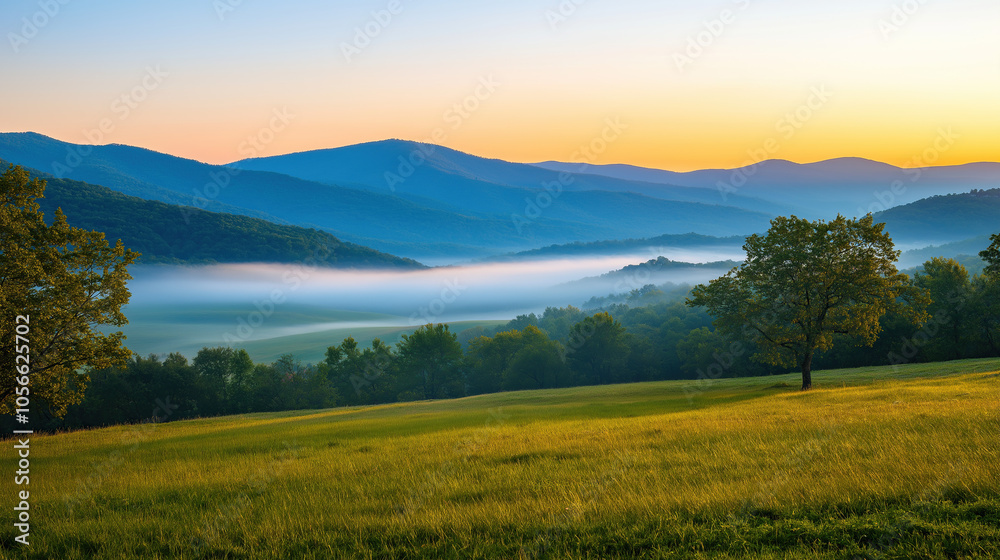 A wide shot of the Appalachian Mountains at sunrise, with mist in the valley below, green trees and a grassy field, against a blue sky during the golden hour. Photorealistic A wide shot of the Appalachian Mountains at sunrise, with mist in the valley below, green trees and a grassy field, against a blue sky during the golden hour. Photorealistic