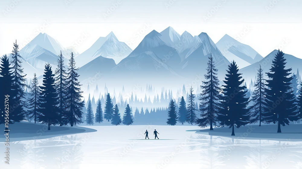 Fototapeta premium Ice skating on a frozen lake, surrounded by snowdusted mountains, bright festive atmosphere