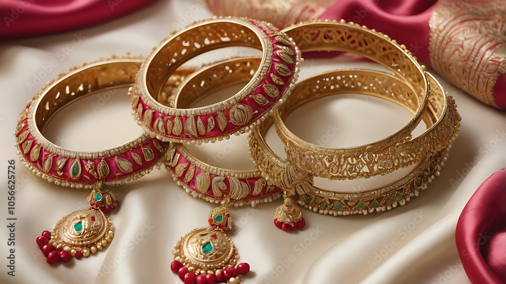 Close-up of wedding bangles and anklets on a silk cloth, embodying Indian bridal tradition and charm.