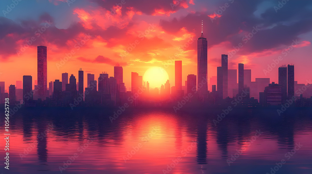 Cityscape Illustration at Sunset with Water Reflection