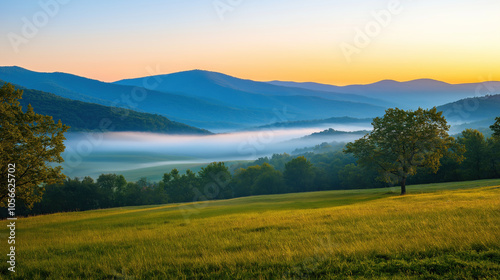 A wide shot of the Appalachian Mountains at sunrise, with mist in the valley below, green trees and a grassy field, against a blue sky during the golden hour. Photorealistic