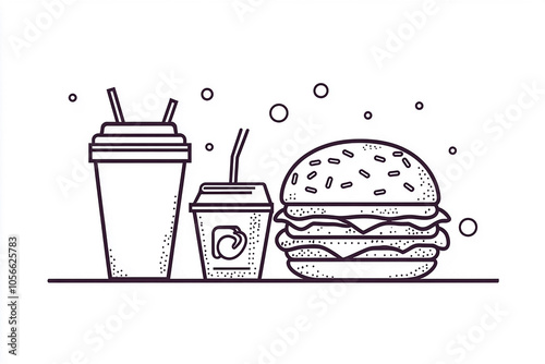 

Hand Drawn Burger available Detailed line art illustration of BurgerFast Food. Useful for branding, menus, food packaging, logos white background photo