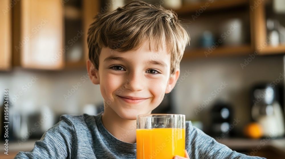 Cheerful boy enjoying a glass of orange juice in a kitchen setting Cheerful boy enjoying a glass of orange juice in a kitchen setting