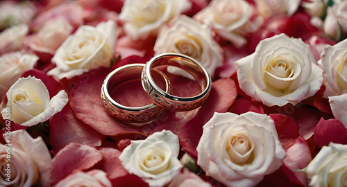 A pair of ornate wedding rings nestled in rose petals, symbolizing union and commitment.