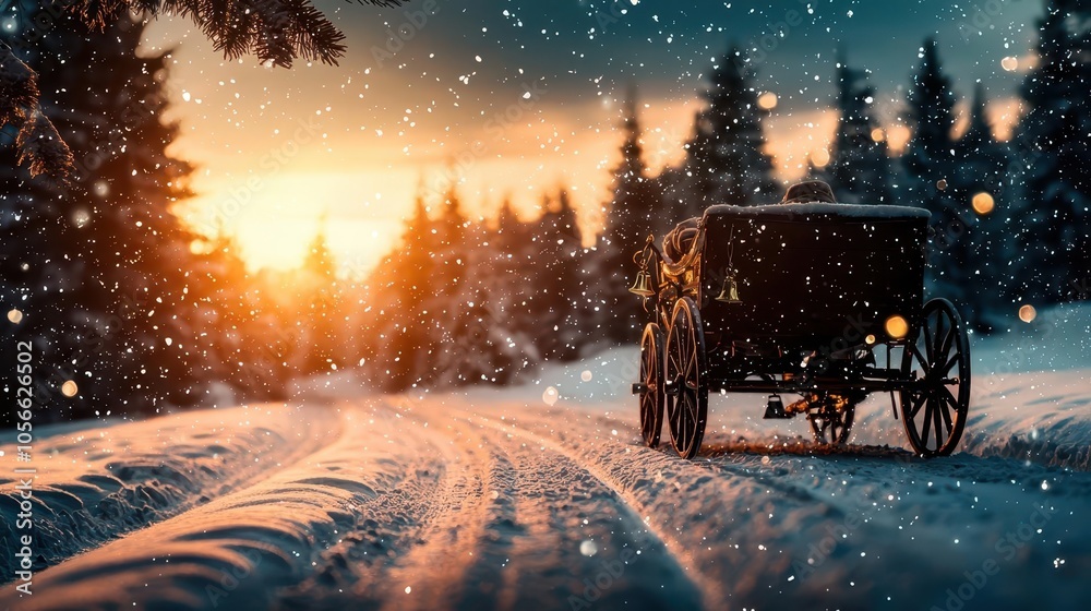 Snow falling on a festively decorated horsedrawn carriage, holiday bells jingling in the cold night air
