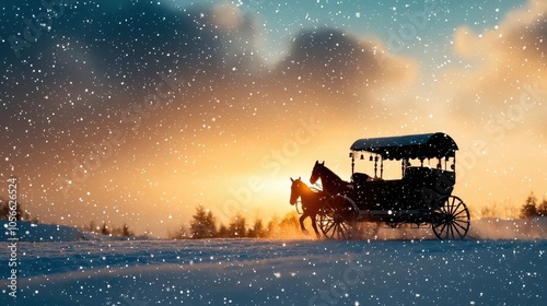 Snow falling on a festively decorated horsedrawn carriage, holiday bells jingling in the cold night air photo