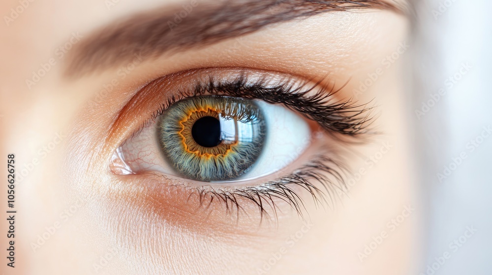 Close up of a female eye showcasing the concept of Eye ID against a white background Close up of a female eye showcasing the concept of Eye ID against a white background