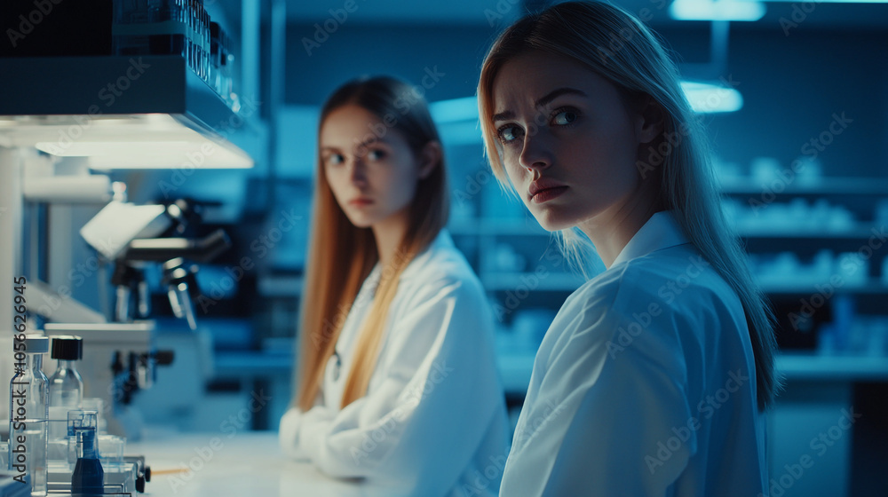 Two young scientists work in a dimly lit laboratory focused on their research and experiments Two young scientists work in a dimly lit laboratory focused on their research and experiments