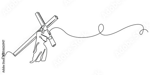 continuous line of the Lord Jesus carrying the cross.one line drawing of the Lord Jesus carrying the cross at the crucifixion event. single line vector illustration of the crucifixion event