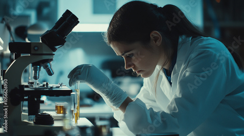 Scientist examines samples under microscope in modern laboratory setting during evening hours