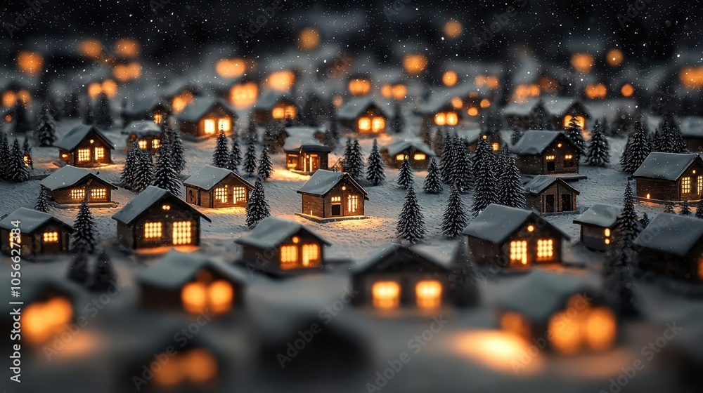 Snowdusted rooftops of a village glowing with holiday lights, festive warmth amid the cold winter air