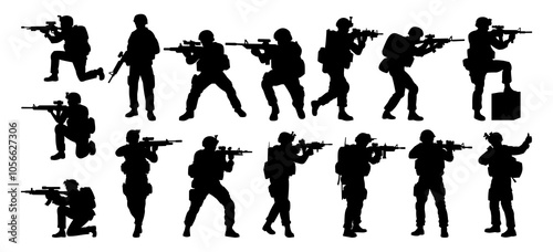 Silhouettes of armed soldiers in various combat stances, ready for tactical action.