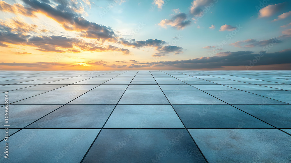 Tiled Floor With Sunset Sky Background Illustration Tiled Floor With Sunset Sky Background Illustration