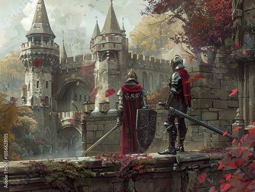 Medieval Castle with Knights: A Fantasy Illustration