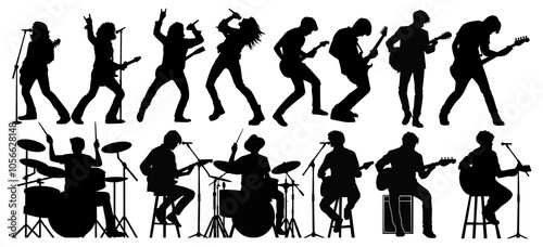 Silhouettes of energetic musicians playing guitar, drums, and singing in a rock band.