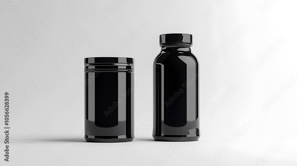 Black cylindrical containers of different sizes on white surface Black cylindrical containers of different sizes on white surface