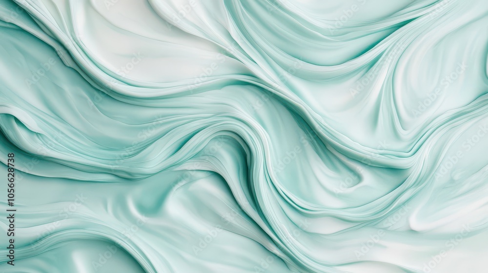 Obraz premium Elegant mint green silk fabric with smooth, flowing waves, perfect for showcasing luxury and softness in design projects.