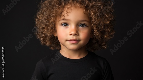 A 5 year old child with curly hair dressed in a black outfit featuring a black T shirt suitable for mock up and print presentations