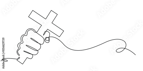 continuous line of hands holding a cross.one line drawing of a hand holding a jesus cross.single line vector illustration of christian and catholic religious beliefs.isolated white background