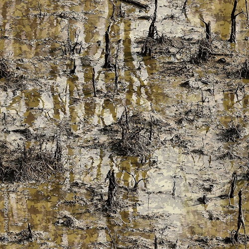 Mud Swamp Wet Dirt Dry Tree Bark Hunter Camouflage, Seamless Hunting Pattern Texture	