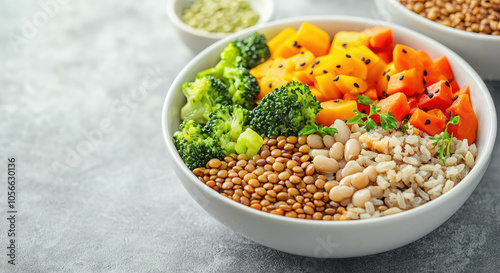 Colorful bowl of healthy grains, vegetables, and legumes on a textured surface.