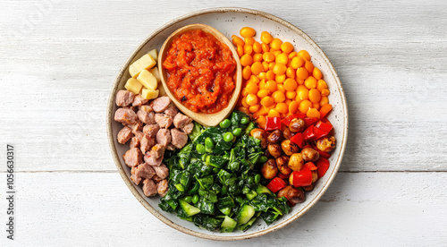 Delicious mixed plate of healthy vegetables, protein, and sauce on a rustic wooden background.