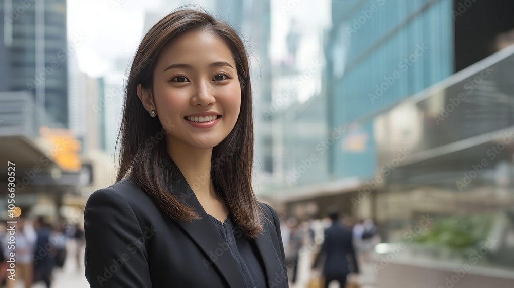 Accomplished Asian female entrepreneur outside downtown skyscraper during busy workday, portrait of motivated business leader radiating success and determination in modern cityscape Accomplished Asian female entrepreneur outside downtown skyscraper during busy workday, portrait of motivated business leader radiating success and determination in modern cityscape