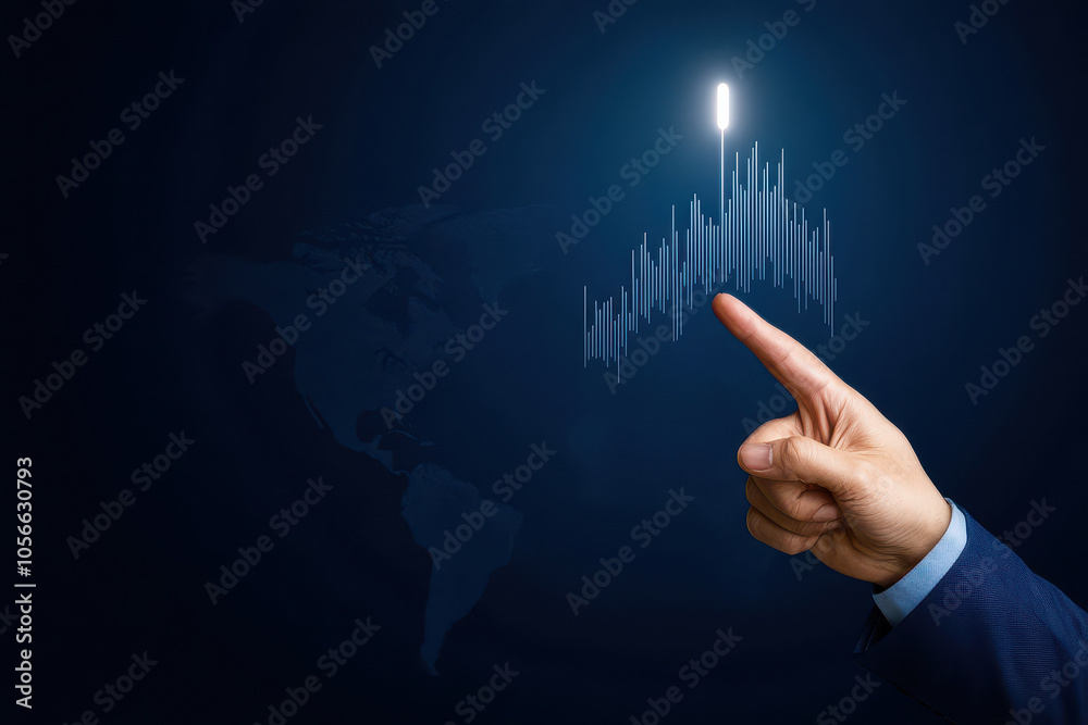 Hand pointing towards a rising graph on a dark background, symbolizing growth and success. Hand pointing towards a rising graph on a dark background, symbolizing growth and success.