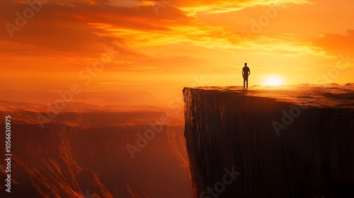 Man standing on top of cliff at sunset. 