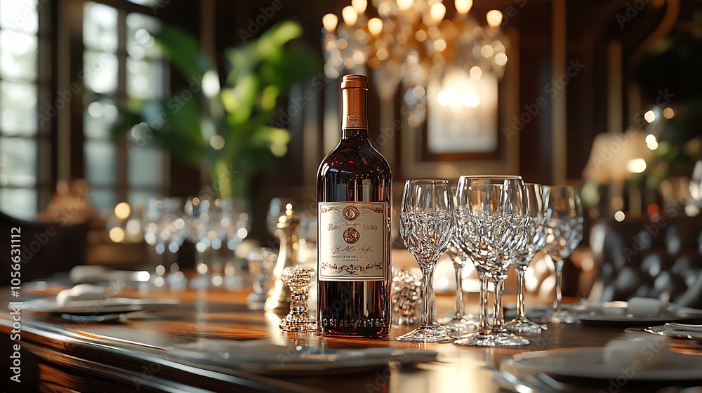 Elegant crystal glass displays paired with luxury wine bottles Elegant crystal glass displays paired with luxury wine bottles