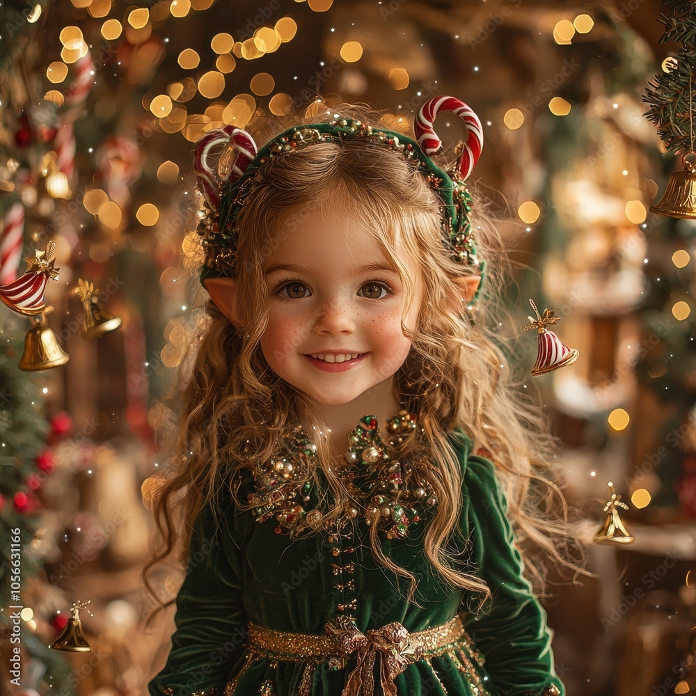 Magical Christmas Elf Child in Green Velvet Dress Surrounded by Flying Candy Canes and Twinkling Bells Creating Enchanting Holiday Fantasy Scene Perfect for Festive Children Content