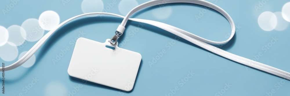 White lanyard and plastic badge with blank space mock up on blue background. Blank badge mockup White lanyard and plastic badge with blank space mock up on blue background. Blank badge mockup