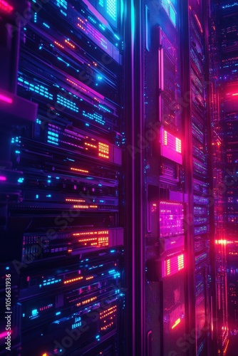 A cyberpunk-inspired AI data center features glowing servers and a secure repository in a retro sci-fi ambiance, emphasizing neon lights and low-angle cinematic scenes in a modern cyber environment