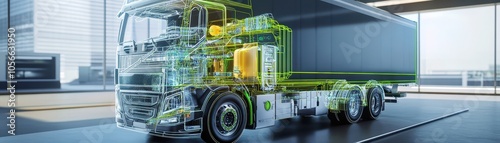 Cutaway view of a hydrogen fuel cell engine in a sustainable transport truck highlights the complex engineering and green technology, showcasing components and connections for eco-friendly transport