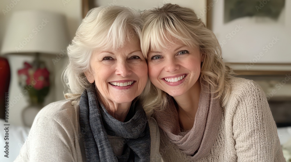 A joyful moment at home with an elderly mom and her young daughter, sharing broad smiles and warm hugs, showcasing love, happiness, and strong family bonds