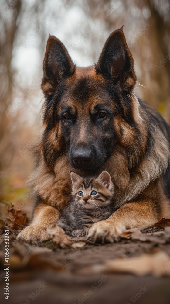 Large dog playing with a tiny kitten, showcasing the gentle nature of the breed in a joyful and safe moment, captured in ultra-detailed 8K resolution Large dog playing with a tiny kitten, showcasing the gentle nature of the breed in a joyful and safe moment, captured in ultra-detailed 8K resolution