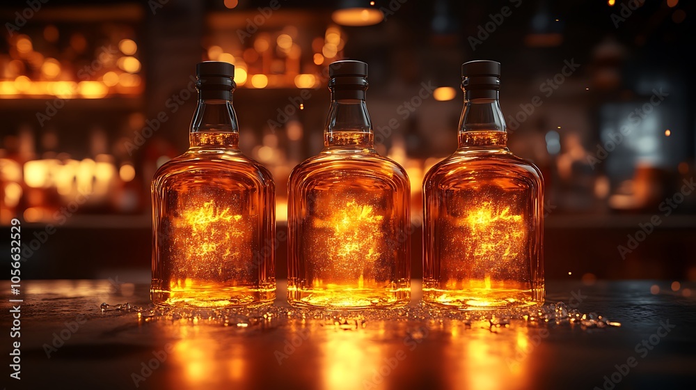 Elegant display of spirits bottles glowing under soft warm light Elegant display of spirits bottles glowing under soft warm light