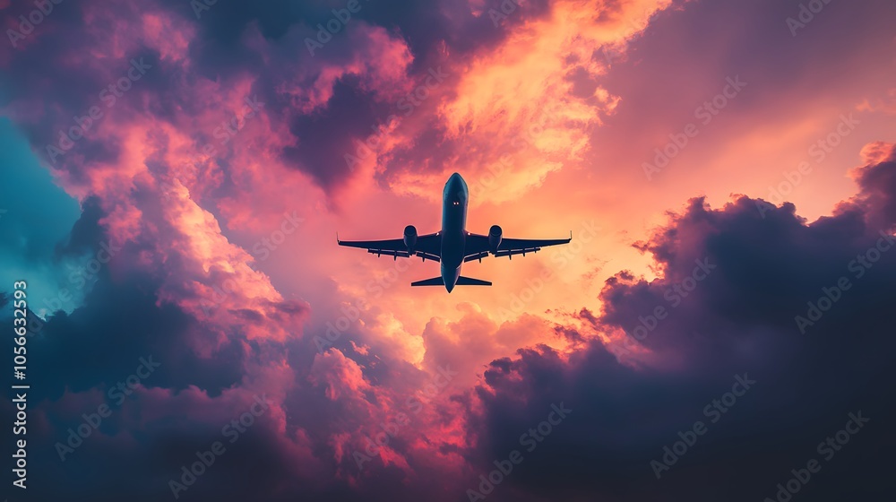 Commercial airplane flying above dramatic clouds during sunset. Commercial airplane flying above dramatic clouds during sunset.