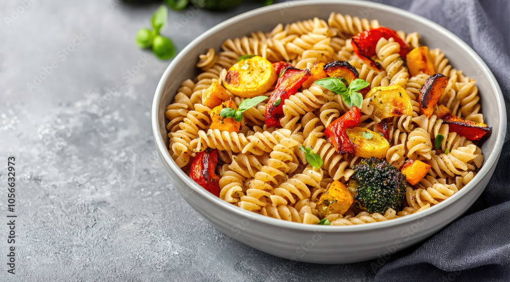 Delicious pasta dish with colorful vegetables, served in a gray bowl on a textured surface. Delicious pasta dish with colorful vegetables, served in a gray bowl on a textured surface.