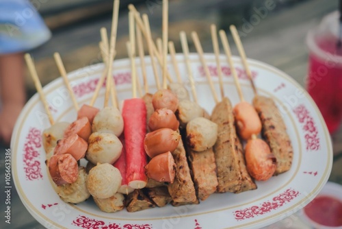 Plate of Mixed Meat and Vegetable Skewers for Grilling